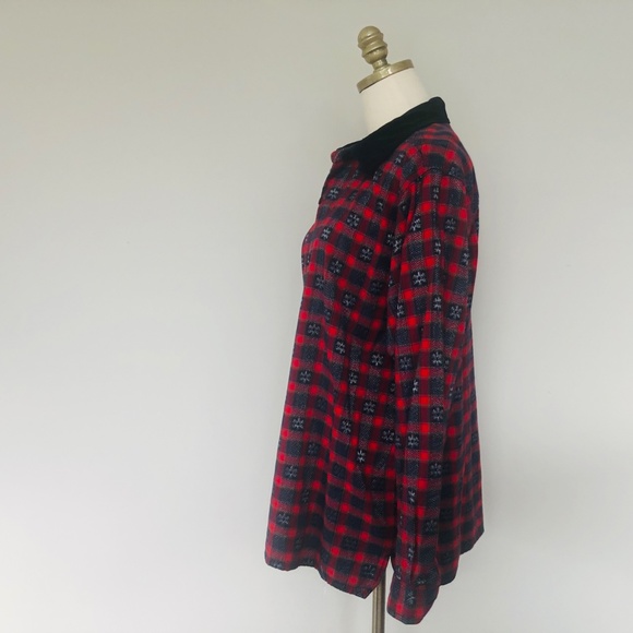 Red Black Plaid Shirt Large Black Corduroy Collar Basic Editions Holiday - Picture 7 of 8